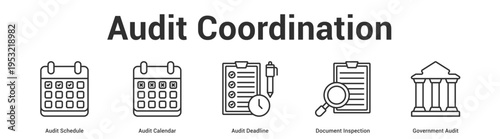 Audit Coordination web banner icon set vector illustration concept for business with icon of Audit Schedule, Audit Calendar, Audit Deadline, Document Inspecti.