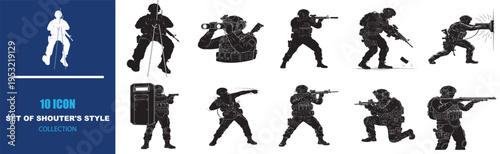 Set of 10 Shooter's Style Icons Vector Collection: Black Silhouettes of Armed Military and Police Personnel in Various Action Poses for Security and Tactical Designs
