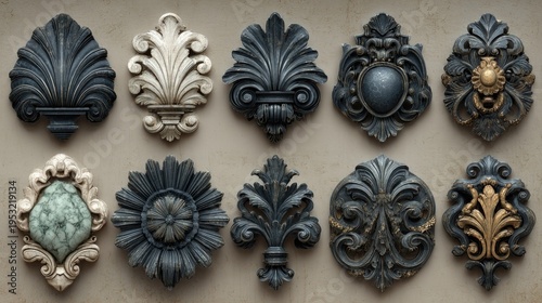 A collection of intricately designed ornamental plaques on a wall