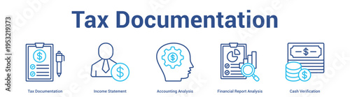 Tax Documentation web banner icon set vector illustration concept for business with icon of Tax Documentation, Income Statement, Accounting Analysis, Financial Report Analys.