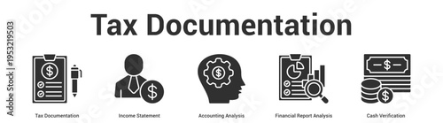 Tax Documentation web banner icon set vector illustration concept for business with icon of Tax Documentation, Income Statement, Accounting Analysis, Financial Report Analys.