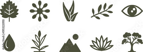 Collection of nature and organic including leaf water drop eye mountain tree plant sprout flower sun