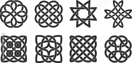 Collection of eight black celtic knot and geometric star symbols on white background pattern knotwork
