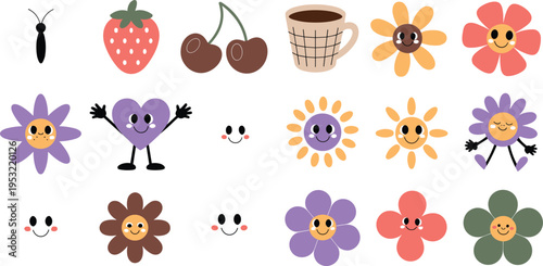 Cute cartoon butterfly strawberry cherries coffee mug heart and flowers with faces