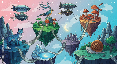 Fantasy Floating Islands with Whimsical Creatures and Surreal Landscapes.