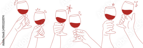 Multiple hands holding wine glasses filled with red wine and celebratory doodles celebration