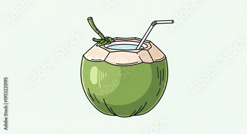 Fresh Coconut Drink with Straw - A Tropical Refreshment.