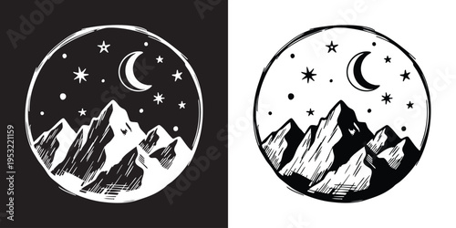 Night Mountain Logo Badge Set – Black White Hand-Drawn Sketch with Moon Stars, Seamless Vector, Isolated Transparent Background