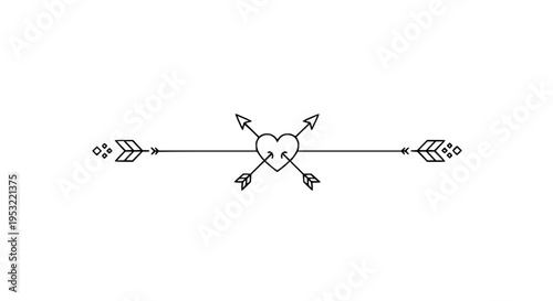 Minimalist linear divider design featuring a stylized heart pierced by four arrows creating a decorative horizontal banner element isolated on white.
