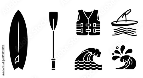 Surfing icons and water sports symbols.