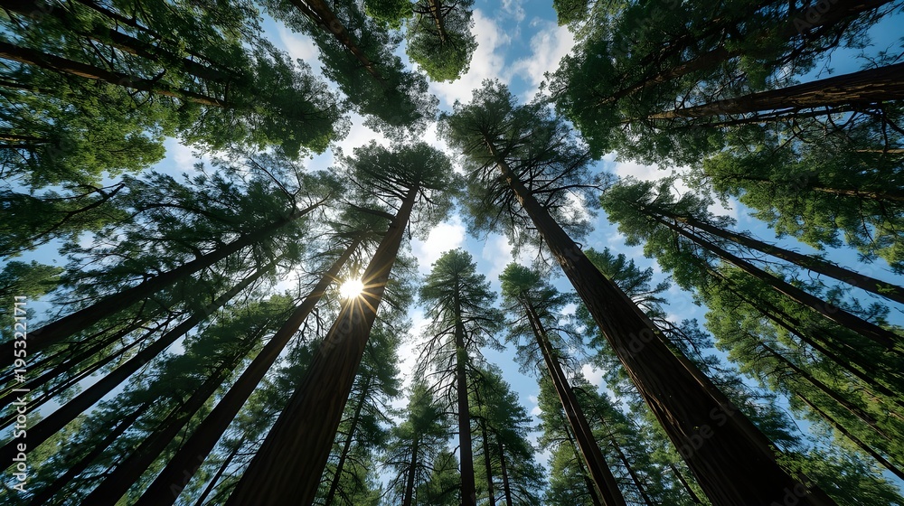 Obraz premium Looking up through a canopy of tall pine trees towards the sun on a clear day