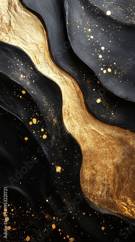 Abstract black and gold fluid art with glitter accents