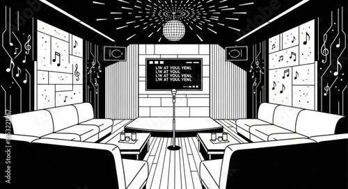 Karaoke Room Interior - Stage, Seating, Screen, and Disco Ball.