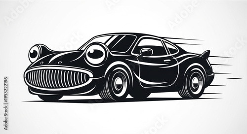 Cartoon Car with Googly Eyes Speeding Forward in Black and White.