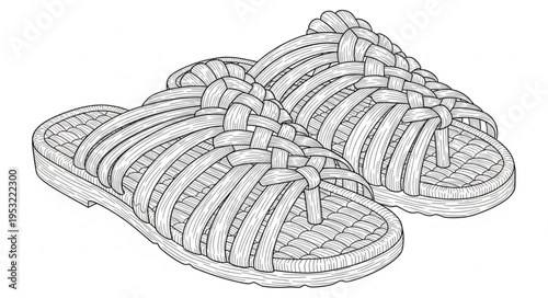 Detailed Line Art of Woven Sandals - A Fashionable Footwear Design.