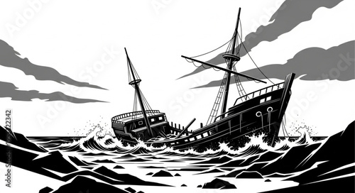 Wrecked Ship Amidst Stormy Seas - A Monochrome Illustration.