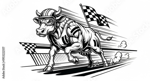 Determined Bull Racer Charging Towards Victory with Checkered Flag.