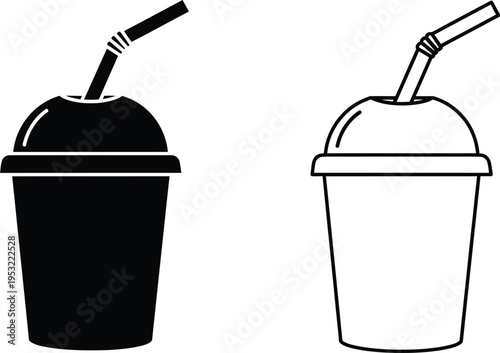 Disposable Plastic Cup with Straw Icon Set Vector
