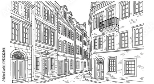 Detailed architectural sketch of a European city street scene.