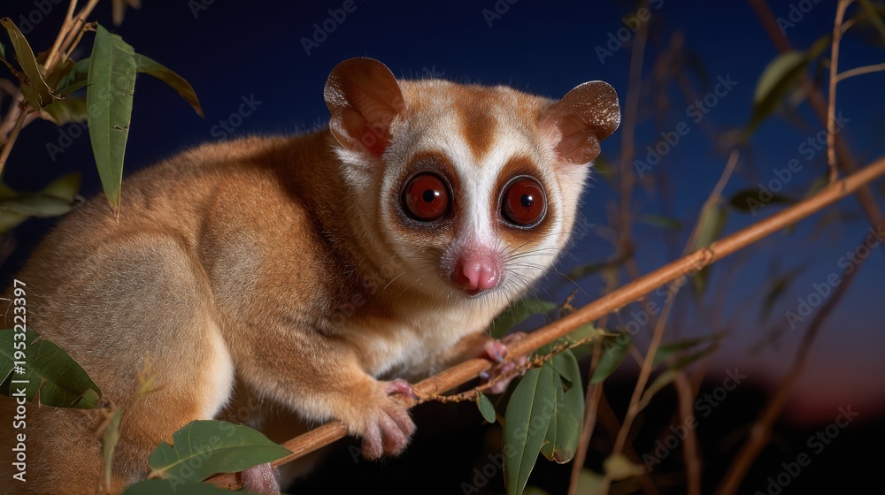 Fototapeta premium Adorable Slow Loris with Large Eyes Navigates a Twig in a Lush Forest at Night