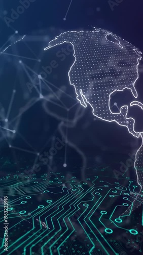 Wireframe globe rotating over teal circuit plane, animation starting and revealing tech node links
