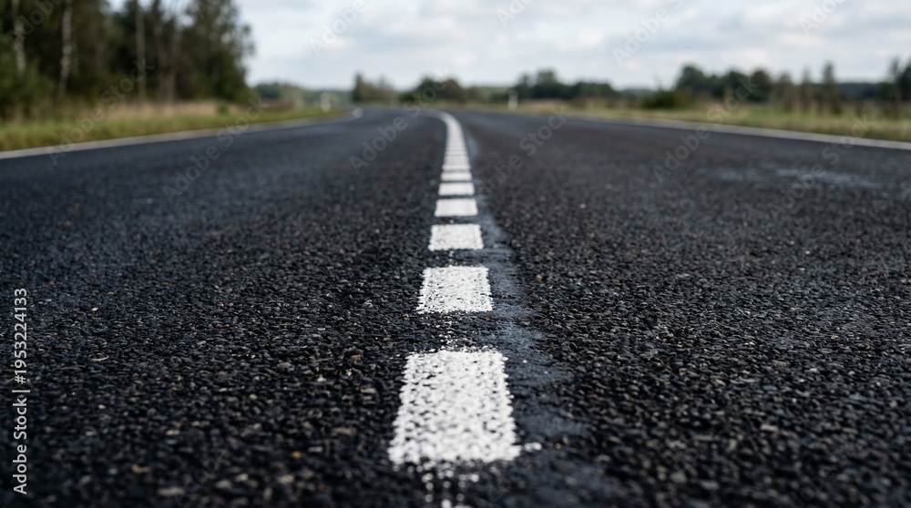 Naklejka premium A wet asphalt road stretches into the distance with white markings on a cloudy day