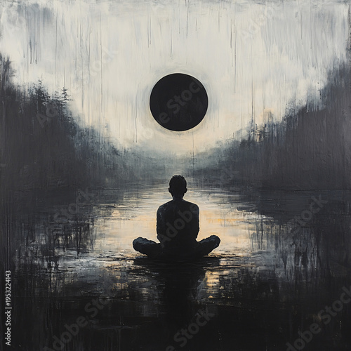 Spiritual Meditation on a Lake with a Mystical Black Sun