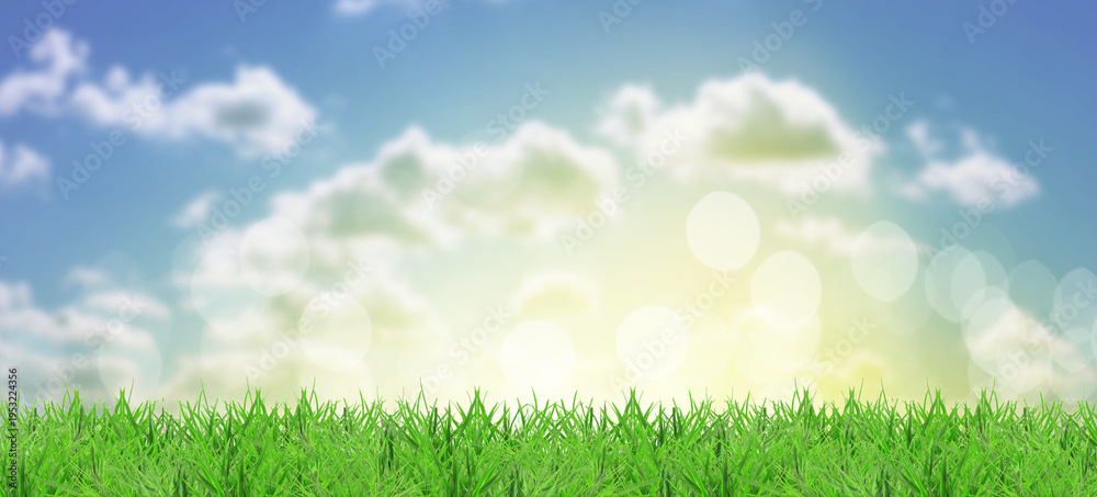 Obraz premium Vibrant green grass under beautiful sky in spring. Banner design