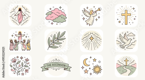 A collection of 12 pastel-colored Christian religious icons depicting symbols of faith, resurrection, ascension, peace, and divine elements.