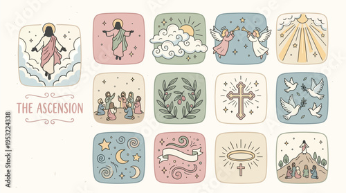A collection of pastel-colored, hand-drawn illustrations depicting Christian religious themes, including the Ascension of Jesus, angels, crosses, doves, and a church.