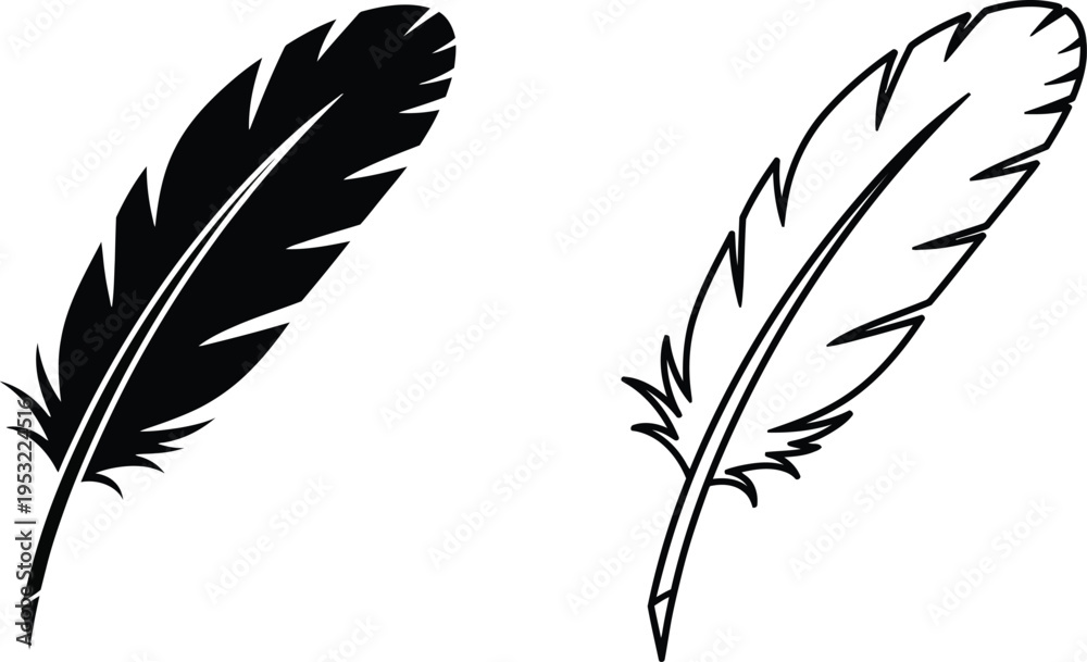 Fototapeta premium Black and White Feather Quill Pen Vector Icon Set Vector