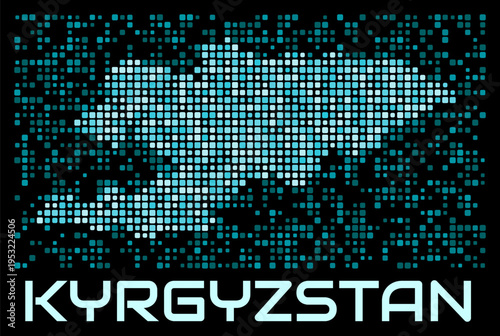 Kyrgyzstan digital dotted map. Shape of the country in cyan color palette on dark background. Futuristic Kyrgyzstan map design. Vector illustration.