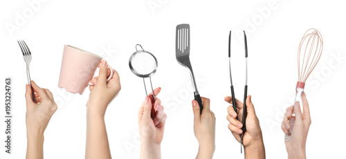 Photos Different kitchen stuff in female hands on white background, set