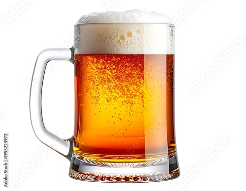 Large glass mug filled with golden amber liquid and frothy white foam