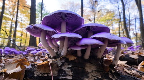 Vibrant Cluster of Purple Mushrooms Growing on a Decaying Log in an Autumn Forest Scene