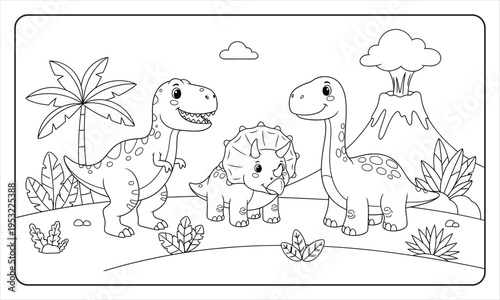 Dinosaur coloring page for kids with volcano and palm trees