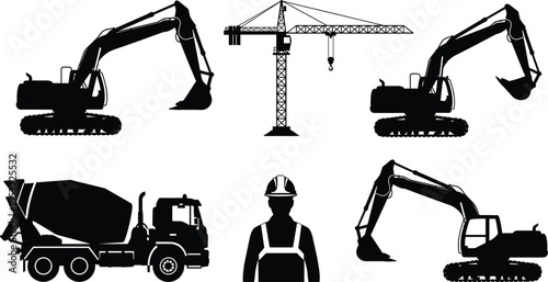 Construction machinery silhouettes set with excavators tower crane concrete mixer truck and worker illustrating heavy equipment industrial engineering and infrastructure development concepts