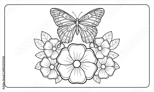 Butterfly and flowers coloring page for kids and adults