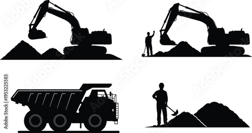 Construction machinery silhouettes with excavators dump truck and worker illustrating heavy equipment operation industrial labor excavation and infrastructure development in building site environment