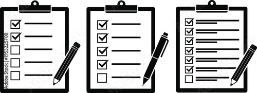 Checklist clipboard icons with pencils and completed task lists, business planning and survey form vector set isolated on white background