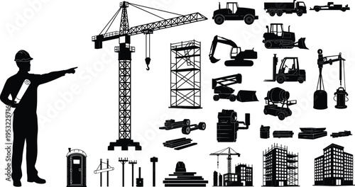 Construction silhouettes collection with tower crane worker machinery vehicles tools and building structures illustrating industrial engineering equipment and infrastructure 