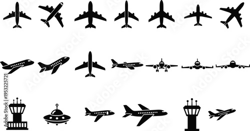 Collection of airplane and airport tower silhouettes featuring passenger jet icons in multiple angles, aviation transport vector set isolated on white