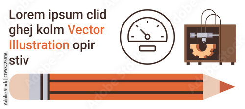 Education, technology, creativity, design, innovation, teaching. 3D printer, pencil and speedometer elements with lorem ipsum text. Education and technology creatively