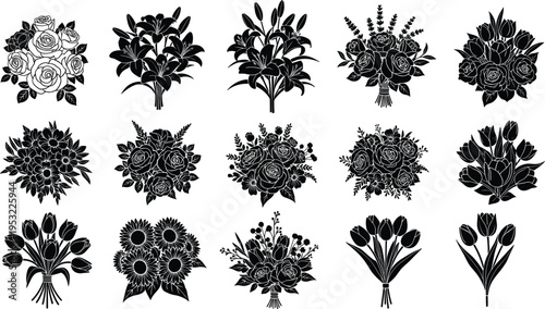 Floral bouquet silhouette collection with roses, lilies, tulips and sunflower arrangements, elegant flower vector set isolated on white background