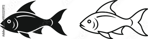 Fish Icon Set Black Silhouette and Outline Vector Vector