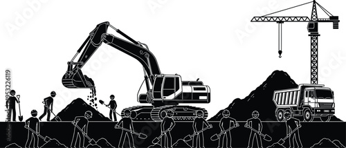 Construction site silhouettes with workers excavator dump truck and tower crane illustrating heavy machinery operation industrial labor teamwork and infrastructure 