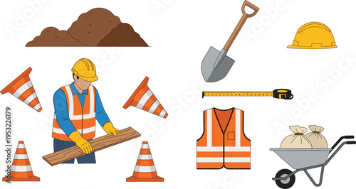 Construction tools and safety equipment illustration with worker shovel cones helmet vest wheelbarrow and materials representing building industry engineering work and site safety essentials