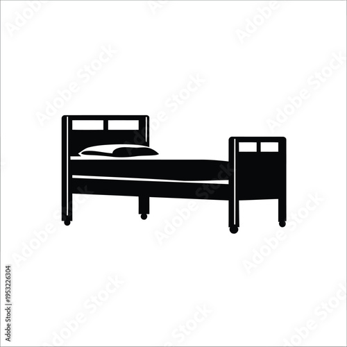 Simple black silhouette of a single bed with a headboard, footboard, and pillow.