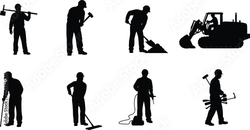 Construction worker silhouettes collection with tools excavator and equipment representing industrial labor handyman tasks maintenance work and building industry workforce isolated on white