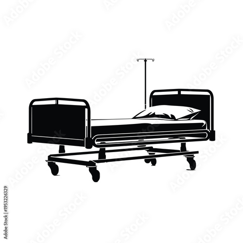 Black and white illustration of an empty hospital bed with an IV pole, ready for patient care.